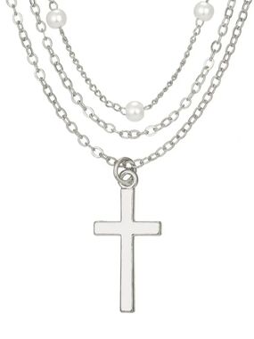 Silver Layered Cross Necklace with Pearl Beads